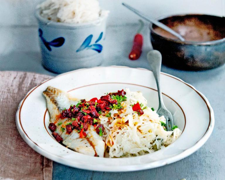 Riesling zuurkool met roodbaars met chorizocrunch